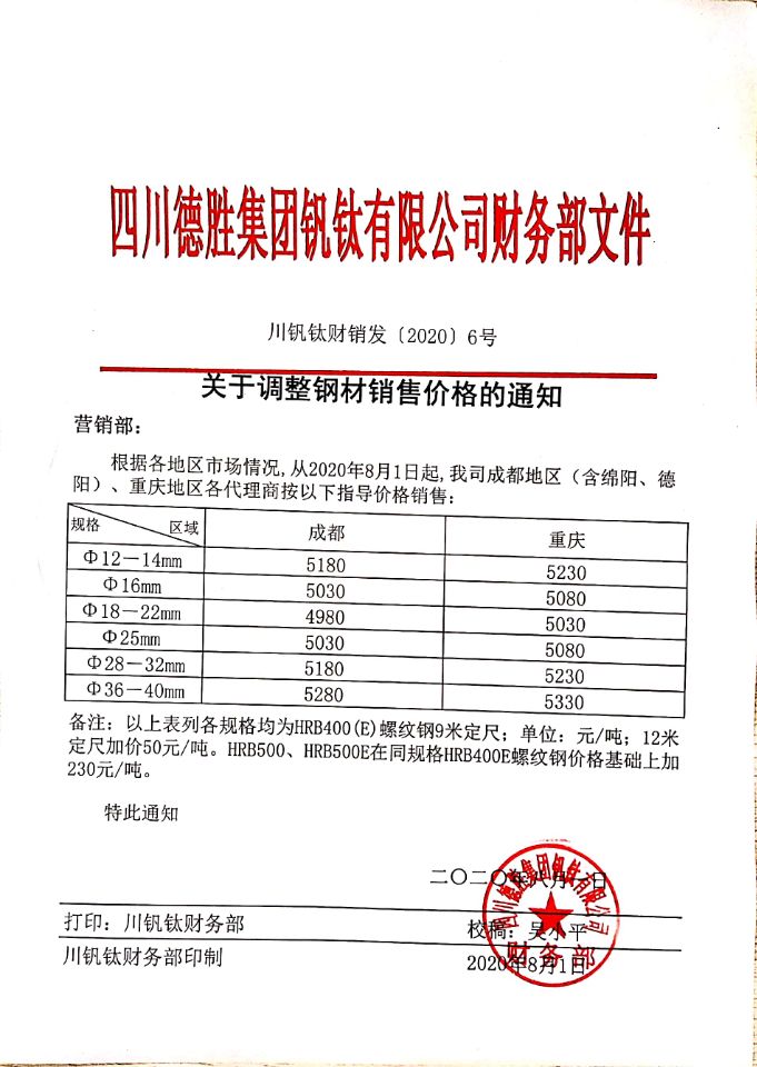 四三亿体育入口(中国)有限公司8月1日钢材销售指导价